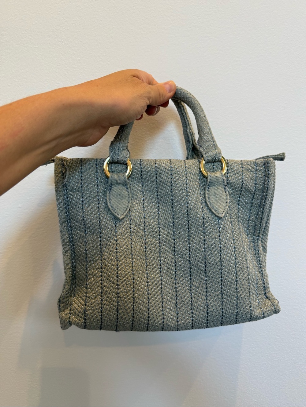 Zara Quilted Light Blue/Grey Mini Tote with Gold Rings